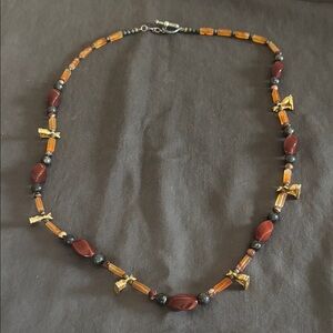 Bronze cat and stone necklace with sterling detail.